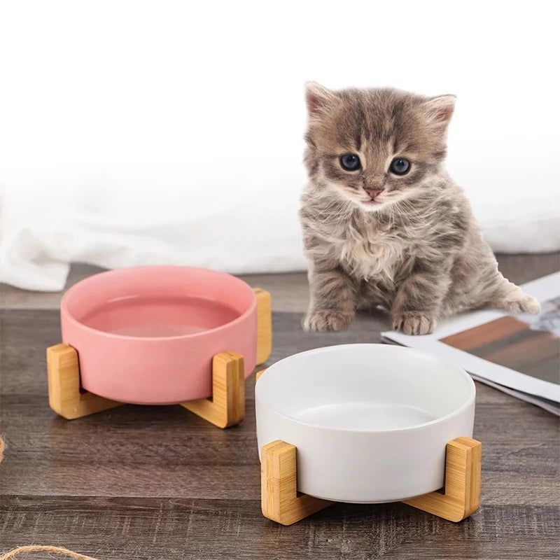 Ceramic Pet Bowl Dish With Wood Stand No Spill Pet Ceramic Double Bowl